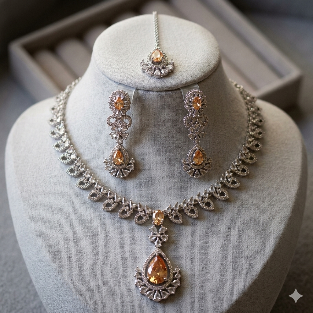 Dazzling American Diamond Necklace Set with Maang Tika