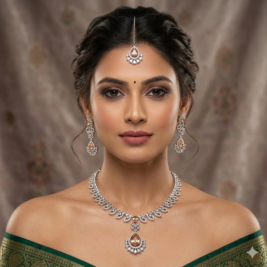 Dazzling American Diamond Necklace Set with Maang Tika