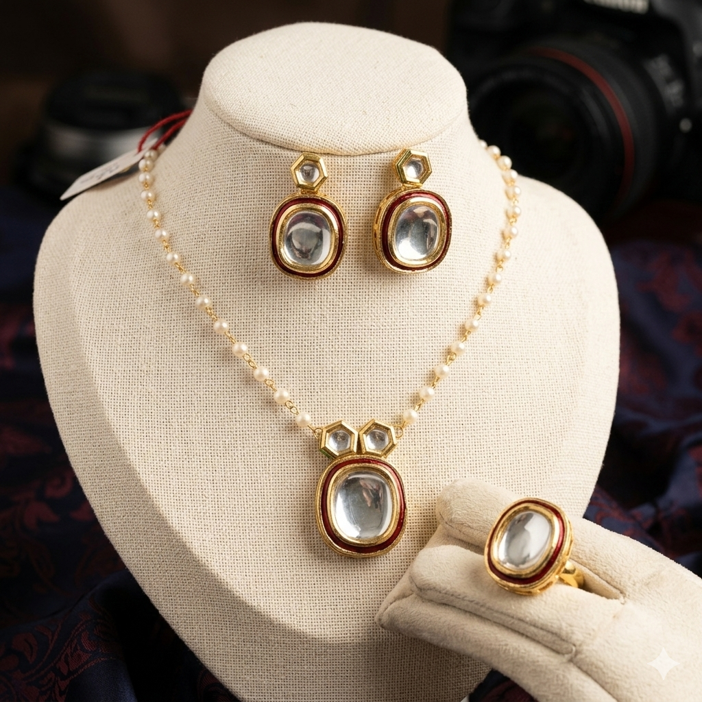 Elegant Minimalist Kundan Pendant & Earring Set with Pearl Chain