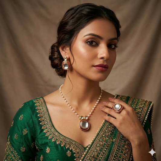 Elegant Minimalist Kundan Pendant & Earring Set with Pearl Chain