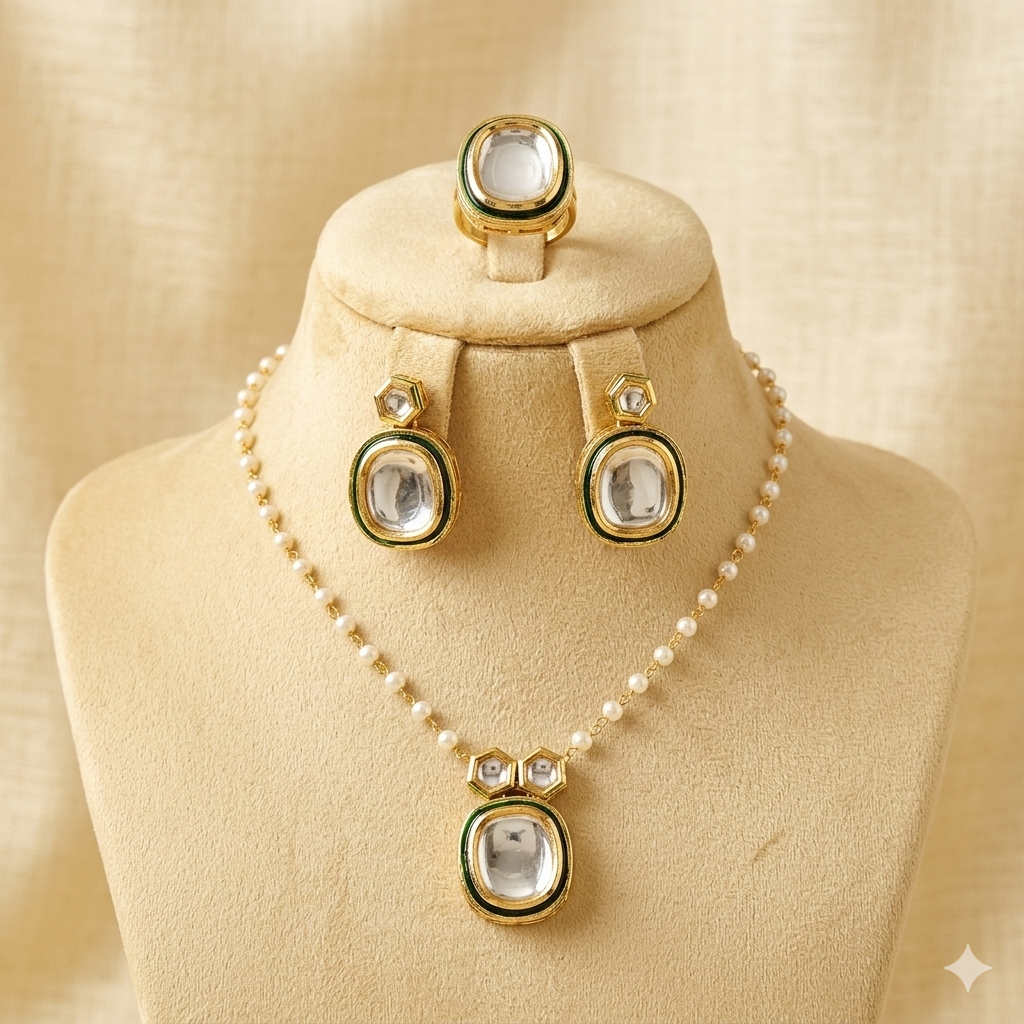 Elegant Minimalist Kundan Pendant & Earring Set with Pearl Chain