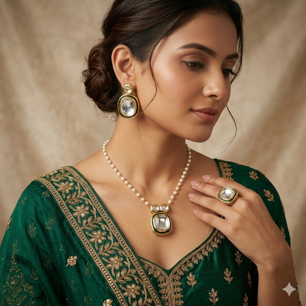 Elegant Minimalist Kundan Pendant & Earring Set with Pearl Chain